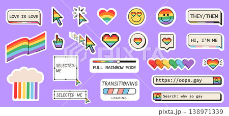 Retro LGBTQ pride sticker set with pixel art cursors and inclusive slogans. Transgender flag loading bar, rainbow hearts, non-binary pronouns, and vintage computer ui icons for digital design. Vector. 138971339