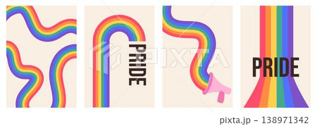 Queer Pride poster set with 70s retro rainbow wave and megaphone. Minimalist LGBTQ gallery wall art, groovy mid-century modern vertical banner with typography for inclusive decor and social media. Queer Pride poster set with 70s retro rainbow wave and megaphone. Minimalist LGBTQ gallery wall art, groovy mid-century modern vertical banner with typography for inclusive decor and social media. 138971342