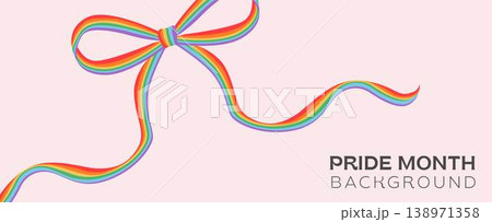 Queer Pride background with minimalist hand-drawn rainbow bow ribbon. Trendy LGBTQ horizontal banner, coquette aesthetic pride month header for inclusive social media, web, marketing design. Vector. 138971358