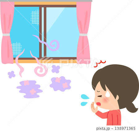 開けた窓から入ってくる香料臭と驚く女性 138971365