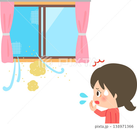 開けた窓から入ってくる黄砂と驚く女性 138971366