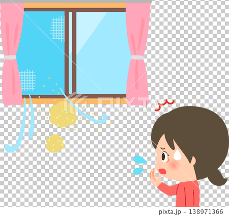 開けた窓から入ってくる黄砂と驚く女性 138971366