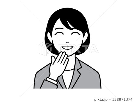 手を添えて笑うスーツ姿の若い女性のイラスト　モノトーン 138971374
