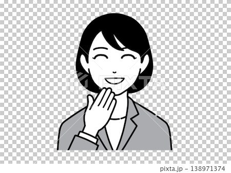 手を添えて笑うスーツ姿の若い女性のイラスト　モノトーン 138971374
