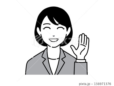 笑顔で手をふるスーツ姿の若い女性のイラスト モノトーン 笑顔で手をふるスーツ姿の若い女性のイラスト モノトーン 138971376