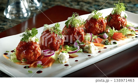Gourmet meatballs with tomato sauce and fresh herbs 138971463