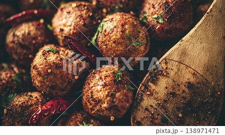Spicy meatballs cooking with red chili peppers and wooden spoon 138971471