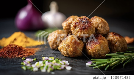 Savory meatballs with spices herbs garlic and onion 138971482