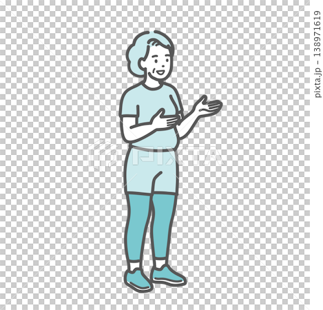 An illustration of a slightly overweight senior woman in sportswear smiling and talking and explaining something. An illustration of a slightly overweight senior woman in sportswear smiling and talking and explaining something. 138971619
