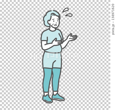 An illustration of a plump senior woman in sportswear with a troubled expression, asking for advice or explanation. 138971620