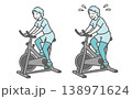 フィットネスバイクを漕ぐ標準体型とぽっちゃり体型のシニア女性の比較セットイラスト 138971624