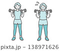 ダンベルでトレーニングをする標準体型とぽっちゃり体型のシニア女性の比較セットイラスト 138971626