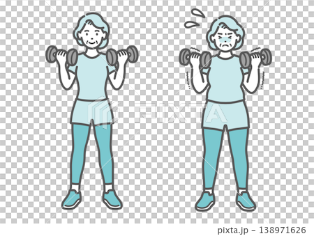 A set of illustrations comparing a senior woman with a standard build and a slightly overweight build, both training with dumbbells. 138971626