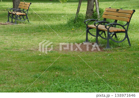 春の舎人公園、緑豊かな芝生広場に置かれた木製ベンチと憩いの風景 春の舎人公園、緑豊かな芝生広場に置かれた木製ベンチと憩いの風景 138971646