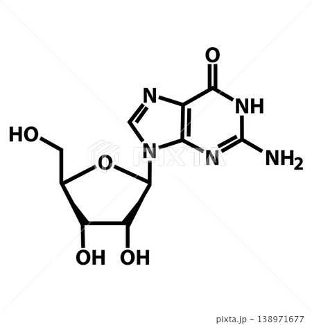 Guanosine molecular chemical formula icon. Guanosine chemical formula science sign. Guanosine structure of Caffeine symbol. flat style. Guanosine molecular chemical formula icon. Guanosine chemical formula science sign. Guanosine structure of Caffeine symbol. flat style. 138971677