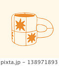 Vector illustration of a modern ceramic mug featuring an yellow and white checkered pattern with starburst motifs. Trendy doodle graphic of a stylish coffee cup for an eclectic kitchen interior 138971893