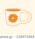 Vector illustration of a classic ceramic mug with a single yellow daisy flower illustration on the side. Charming doodle graphic of a sweet coffee cup for a cozy breakfast or a vintage style kitchen 138971894