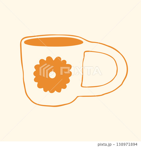 Vector illustration of a classic ceramic mug with a single yellow daisy flower illustration on the side. Charming doodle graphic of a sweet coffee cup for a cozy breakfast or a vintage style kitchen Vector illustration of a classic ceramic mug with a single yellow daisy flower illustration on the side. Charming doodle graphic of a sweet coffee cup for a cozy breakfast or a vintage style kitchen 138971894