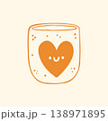 Hand drawn vector illustration of a sweet ceramic mug with a cute smiling heart character and dots. Playful doodle graphic of a lovely coffee cup for a children gift or Valentines Day 138971895