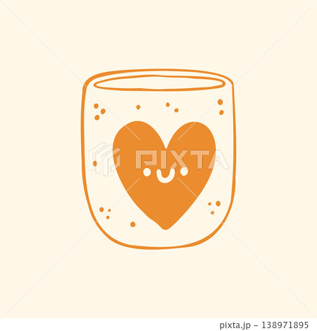 Hand drawn vector illustration of a sweet ceramic mug with a cute smiling heart character and dots. Playful doodle graphic of a lovely coffee cup for a children gift or Valentines Day Hand drawn vector illustration of a sweet ceramic mug with a cute smiling heart character and dots. Playful doodle graphic of a lovely coffee cup for a children gift or Valentines Day 138971895