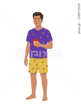 Casual Young Man with Cold Drink in Summer Outfit Flat Illustration 138971939