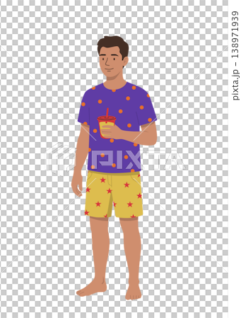 Casual Young Man with Cold Drink in Summer Outfit Flat Illustration 138971939