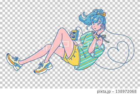 A young woman listening to music on a portable cassette tape recorder. 138972068