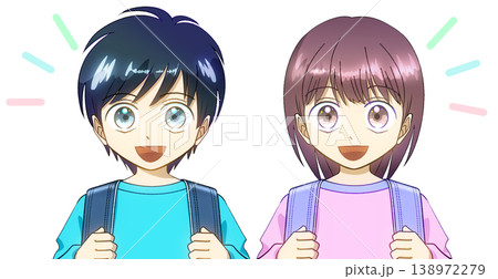 ランドセルを背負った笑顔の小学生、男の子と女の子のアニメ風イラスト、白バック 138972279