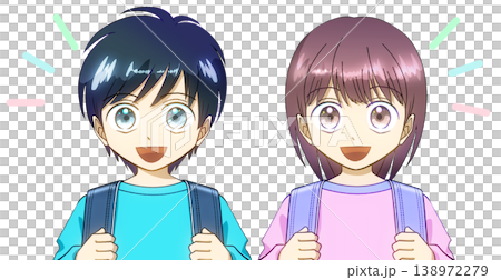 ランドセルを背負った笑顔の小学生、男の子と女の子のアニメ風イラスト、白バック 138972279