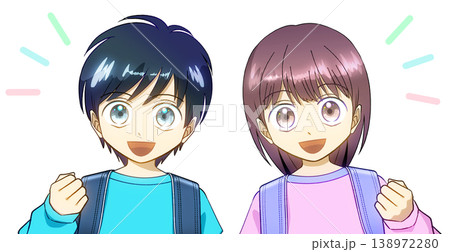 ランドセルを背負った笑顔の小学生、男の子と女の子のアニメ風イラスト、白バック ランドセルを背負った笑顔の小学生、男の子と女の子のアニメ風イラスト、白バック 138972280