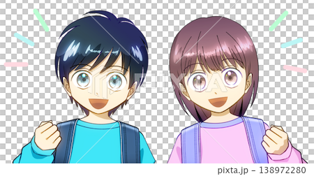 ランドセルを背負った笑顔の小学生、男の子と女の子のアニメ風イラスト、白バック ランドセルを背負った笑顔の小学生、男の子と女の子のアニメ風イラスト、白バック 138972280