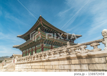 Seoul, South Korea - Apr. 12, 2026 : Geunjeongjeon Hall of Gyeongbokgung Palace under Blue Sky in Seoul, Korea 138972459