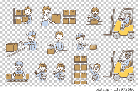Illustration set of warehouse workers and logistics staff (picking, packing, inventory management, and general work tasks) 138972660