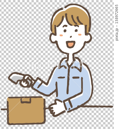 圖中一名男性工作人員正在使用手持裝置掃描條碼。 138972665