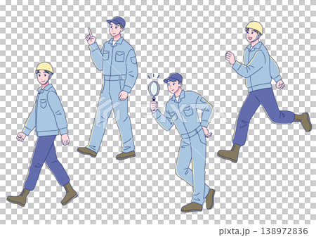 A set of men in work clothes, in an anime style. A set of men in work clothes, in an anime style. 138972836