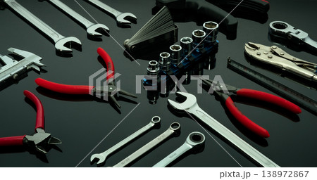 Set of mechanic tools. Chrome wrenches or spanners, hexagon socket, end cutter pliers, locking pliers, vernier caliper, pincers, feeler gauge, and tape measure. Chrome vanadium spanner wrench. 138972867
