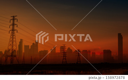 Blackout in Spain and Portugal shows dark cityscape with electricity pylon. European energy crisis. Power outage and infrastructure vulnerability at night. Power outage concept. Metropolitan emergency 138972878