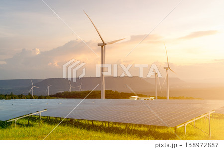 Sustainable energy. Solar and wind turbines farm. Sustainable resources. Solar, wind power. Renewable energy. Sustainable development. Photovoltaic panel. Green energy. Alternative electricity source. 138972887