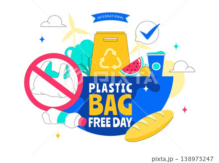 International Plastic Bag Free Day Illustration Eco Friendly Campaign Concept With Reusable Bags Recycling Symbols And Zero Waste Lifestyle Design 138973247