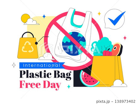 International Plastic Bag Free Day Illustration Eco Friendly Campaign Concept With Reusable Bags Recycling Symbols And Zero Waste Lifestyle Design 138973402