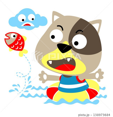 Cat wearing inflatable ring trying catch a fish in water, vector cartoon illustration 138973684