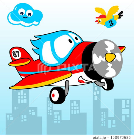 Funny airplane with mail carrier dove flying across buildings, vector cartoon illustration 138973686