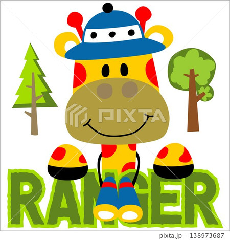 Vector cartoon of funny giraffe wearing ranger hat with binocular and trees Vector cartoon of funny giraffe wearing ranger hat with binocular and trees 138973687