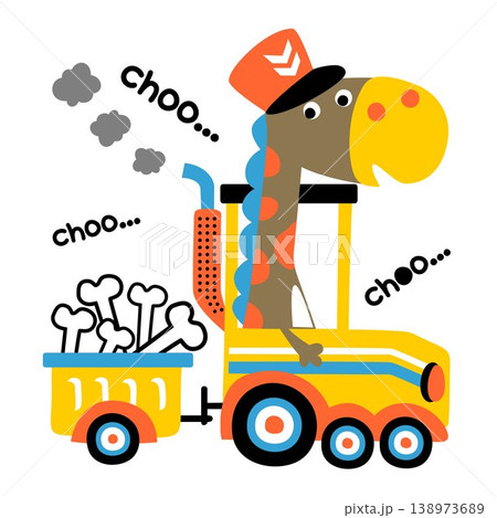 Cute dinosaur wearing machinist cap on steam train loading bones, vector cartoon illustration Cute dinosaur wearing machinist cap on steam train loading bones, vector cartoon illustration 138973689
