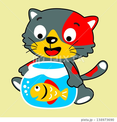 Little kitten hugging jar with a cute fish, vector cartoon illustration Little kitten hugging jar with a cute fish, vector cartoon illustration 138973690