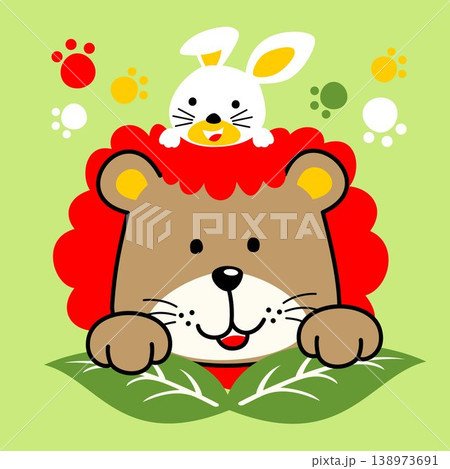 Cute lion with a bunny in peekaboo game, vector cartoon illustration Cute lion with a bunny in peekaboo game, vector cartoon illustration 138973691