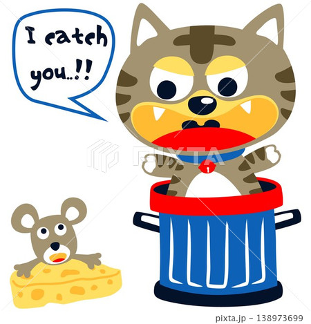 Little cat in trash can with mouse carrying cheese, vector cartoon illustration Little cat in trash can with mouse carrying cheese, vector cartoon illustration 138973699