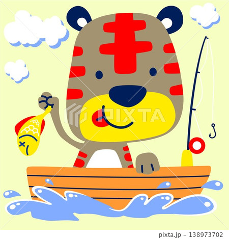 Little cat on boat fishing, vector cartoon illustration Little cat on boat fishing, vector cartoon illustration 138973702