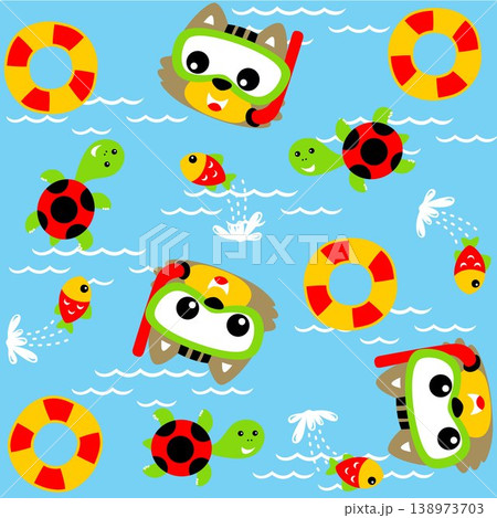 Marine animals with cat wearing diving goggles, pattern beach element background, vector cartoon illustration 138973703