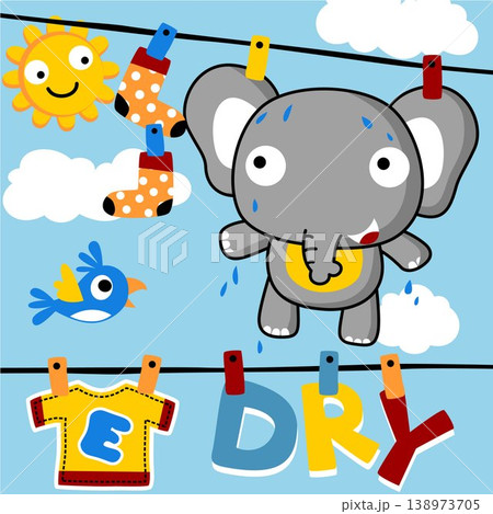 Drying clothes, cute elephant in clothesline with little bird, vector cartoon illustration Drying clothes, cute elephant in clothesline with little bird, vector cartoon illustration 138973705